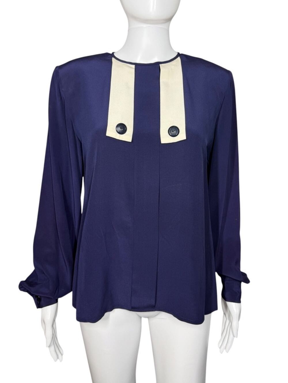 Carlisle Vintage 80s Navy Dark Blue 100% Silk Bib Blouse Women's Size 8